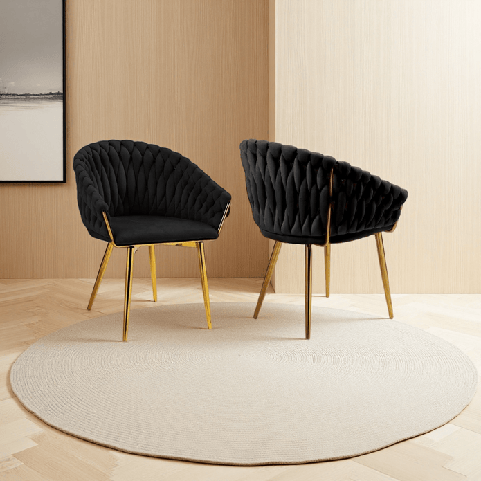 SERENITà Black Modern Velvet Dining Chairs, Upholstered Living Room Chair with Woven Back and Golden Metal Legs, Mid-Century Accent Set of 2(BLACK)