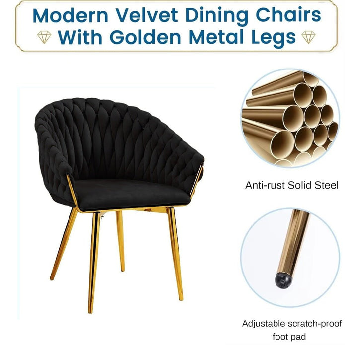 SERENITà Black Modern Velvet Dining Chairs, Upholstered Living Room Chair with Woven Back and Golden Metal Legs, Mid-Century Accent Set of 2(BLACK)