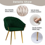 SERENITà Emerald Green Modern Velvet Dining Chairs, Upholstered Living Room Chair with Woven Back and Golden Metal Legs, Mid-Century Accent Set of 2(GREEN) - 45-Degree Angle