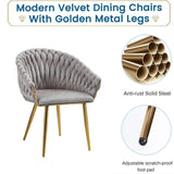 SERENITà Grey Modern Velvet Dining Chairs, Upholstered Living Room Chair with Woven Back and Golden Metal Legs, Mid-Century Accent Set of 2(Grey) - Close-Up Angle