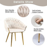 SERENITà Ivory Modern Velvet Dining Chairs, Upholstered Living Room Chair with Woven Back and Golden Metal Legs, Mid-Century Accent Set of 2(Ivory) - 45-Degree Angle