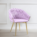 SERENITà Pink Modern Velvet Dining Chairs, Upholstered Living Room Chair with Woven Back and Golden Metal Legs, Mid-Century Accent Set of 2(Pink) - Front View