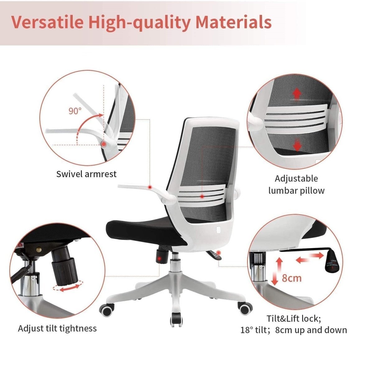 SIHOO M76 Ergonomic Office Chair Swivel Desk Chair Height Adjustable Mesh Back Computer Chair with Lumbar Support 90° Flip-up Armrest Grey
