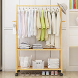 Rail Bamboo Clothes Rack Garment Hanging Stand 3 Tier Storage Shelves Closet 80cm - Close-Up Angle