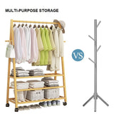 Rail Bamboo Clothes Rack Garment Hanging Stand 3 Tier Storage Shelves Closet 80cm - Front View