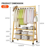 Rail Bamboo Clothes Rack Garment Hanging Stand 3 Tier Storage Shelves Closet 80cm - Side View