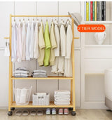 Rail Bamboo Clothes Rack Garment Hanging Stand 3 Tier Storage Shelves Closet 80cm - Top-Down View