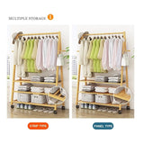Rail Bamboo Clothes Rack Garment Hanging Stand 3 Tier Storage Shelves Closet 80cm - Low Angle