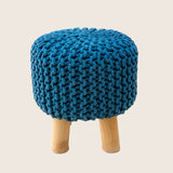 Kids Hand Knitted Cotton Braided Foot Rest Sitting Stool Ottoman (Blue) - Front View