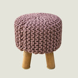 Kids Hand Knitted Cotton Braided Foot Rest Sitting Stool Ottoman (Rose Pink) - Front View