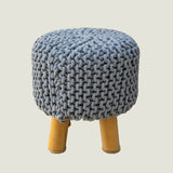 Kids Hand Knitted Cotton Braided Foot Rest Sitting Stool Ottoman (Light Grey) - Front View