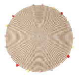Round Woven Jute Cotton Multicolour Pompom Rug 120 cm - Front View