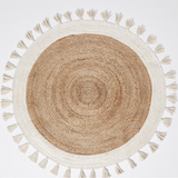 Bohemian Cream & Natural Braided Jute Cotton Round Rug with Tassel 120 x 120 cm - Front View