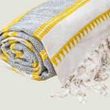 Woven Jacquard Tassel Natural Yellow Stripe Bed Sofa Throw 127 x 152 cm - Front View
