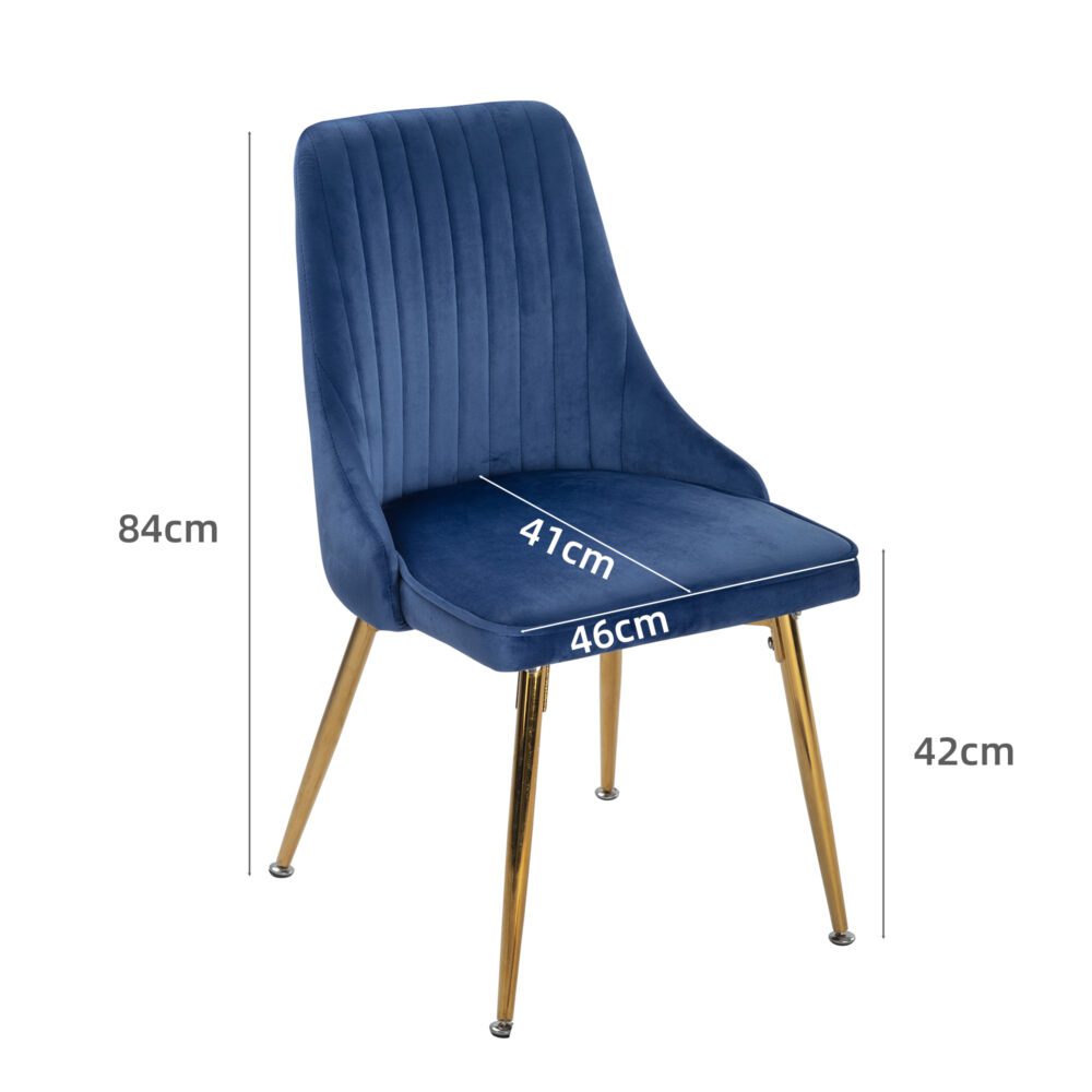 Viva Forever Set of 2 Blue Velvet Dining Chairs  Art Deco Design with Gold Metal Legs