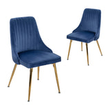 Viva Forever Set of 2 Blue Velvet Dining Chairs  Art Deco Design with Gold Metal Legs - Front View