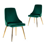 Viva Forever Set of 2 Green Velvet Dining Chairs-Art Deco Design with Gold Metal Legs - Front View