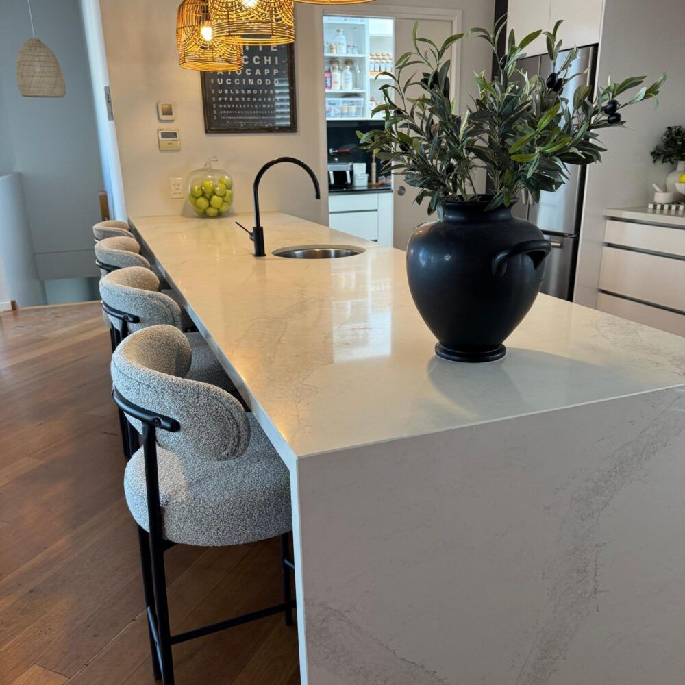 Sleek White Quartz Metal Boucle Elsa Bar Stools