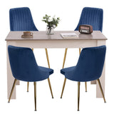 Grey Rectangular Dining Table with 4x Blue Velvet Chairs - Side View