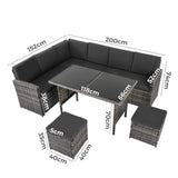 Ella 8-Seater Modular Outdoor Garden Lounge and Dining Set with Table and Stools in Dark Grey Weave - Low Angle