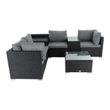 7PC Outdoor Wicker Loveseat Setting with Storage Corner (Black) - Rear View