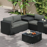 7PC Outdoor Wicker Loveseat Setting with Storage Corner (Black) - Low Angle