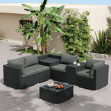 7PC Outdoor Wicker Loveseat Setting with Storage Corner (Black) - Front View