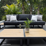 Modern Outdoor 7 Piece Lounge Set with Slatted Polywood Design Tables - Rear View