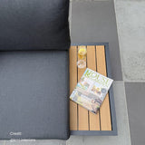 Modern Outdoor 7 Piece Lounge Set with Slatted Polywood Design Tables - Close-Up Angle