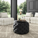 Contemporary Black Leather-look Ottoman with Button - Top-Down View