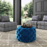 Round Velvet Ottoman in Navy - Top-Down View