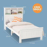 King Single Solid Pine Timber Bed Frame with Bookshelf Storage Headboard- White - Close-Up Angle