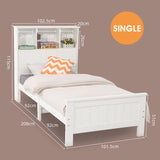 Single Size Solid Pine Timber Bed Frame with Bookshelf Headboard- White - Low Angle