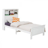 Single Size Solid Pine Timber Bed Frame with Bookshelf Headboard- White - Side View