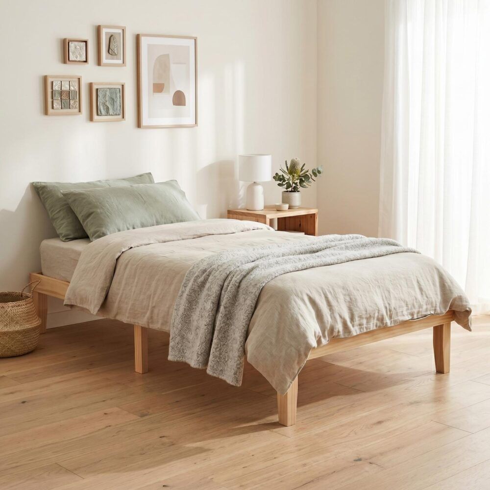 Single Size Warm Wooden Natural Bed Base Frame ? Single
