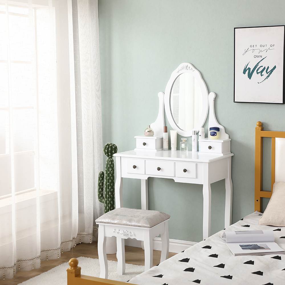 Carved Dressing Vanity Table Set with Mirror&Stool- White