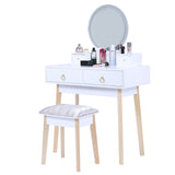 Dressing Vanity Table Stool Set with Make-up LED Lighted Mirror-White - Front View