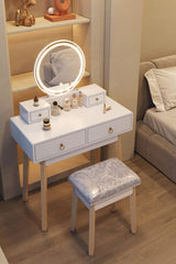 Dressing Vanity Table Stool Set with Make-up LED Lighted Mirror-White - Rear View