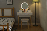 Dressing Vanity Table Stool Set with Make-up LED Lighted Mirror-White - Close-Up Angle