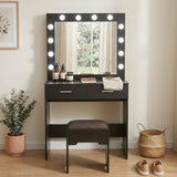 Fidel Vanity Set with Cushioned Stool and Lighted Mirror- Black