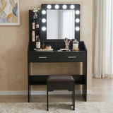 Diana Vanity Set with Shelves Cushioned Stool and Lighted Mirror- Black