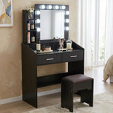 Diana Vanity Set with Shelves Cushioned Stool and Lighted Mirror- Black - Front View