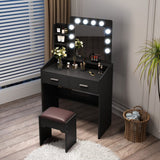 Diana Vanity Set with Shelves Cushioned Stool and Lighted Mirror- Black - Rear View