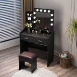Diana Vanity Set with Shelves Cushioned Stool and Lighted Mirror- Black - Front View