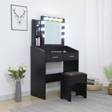 Diana Vanity Set with Shelves Cushioned Stool and Lighted Mirror- Black - Rear View