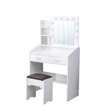 Diana Vanity Set with Shelves Cushioned Stool and Lighted Mirror- White - Close-Up Angle