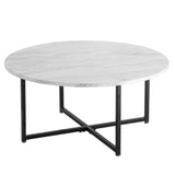 White Marble Effect Round Coffee Table with Black Legs - Front View