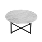 White Marble Effect Round Coffee Table with Black Legs - Top-Down View
