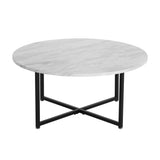 White Marble Effect Round Coffee Table with Black Legs - 45-Degree Angle