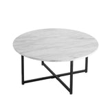 White Marble Effect Round Coffee Table with Black Legs - Rear View